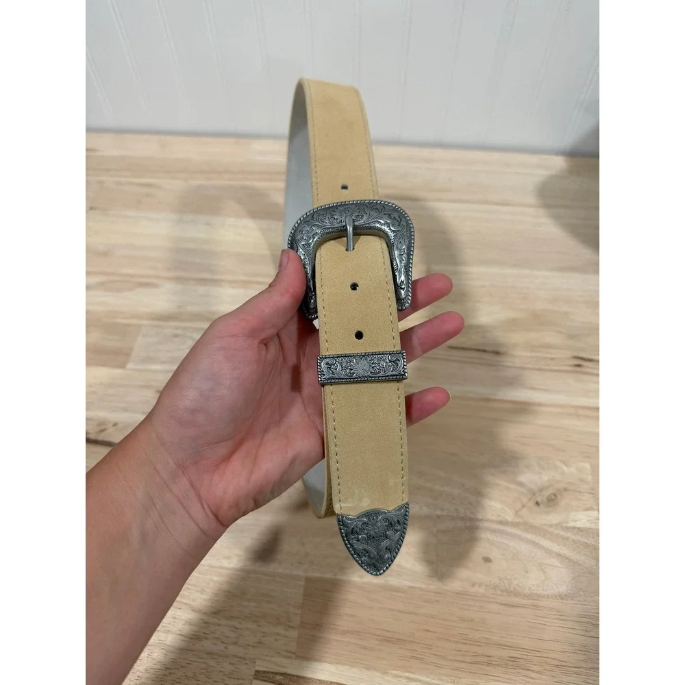 Western Style Suede Belt Tan Silver Women Accessories